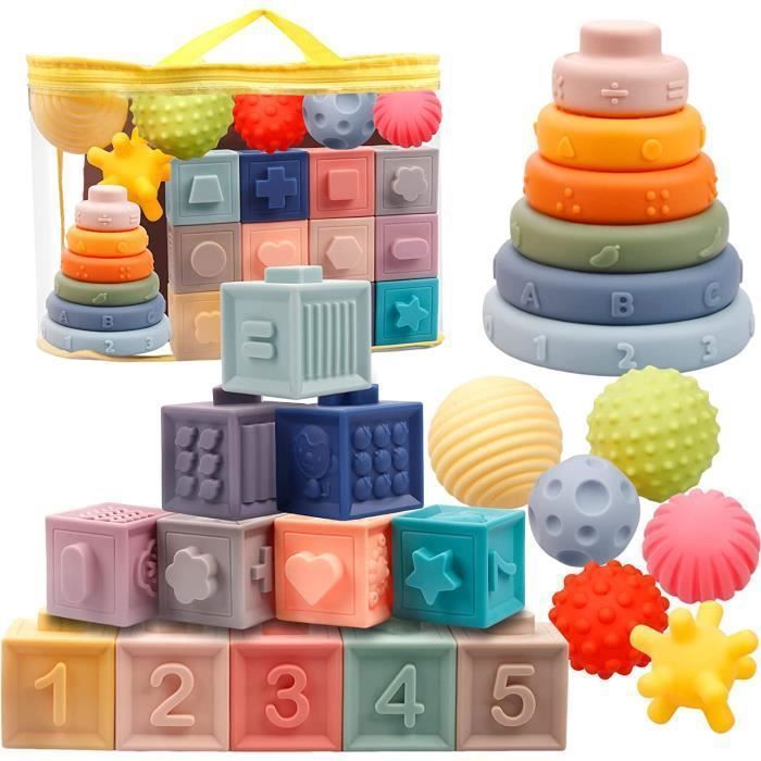 Jeux Montessori Bébé - Multicolore - Cube Souples - Anneaux dempilage - Balle Sensoriel - 6-12 Mois