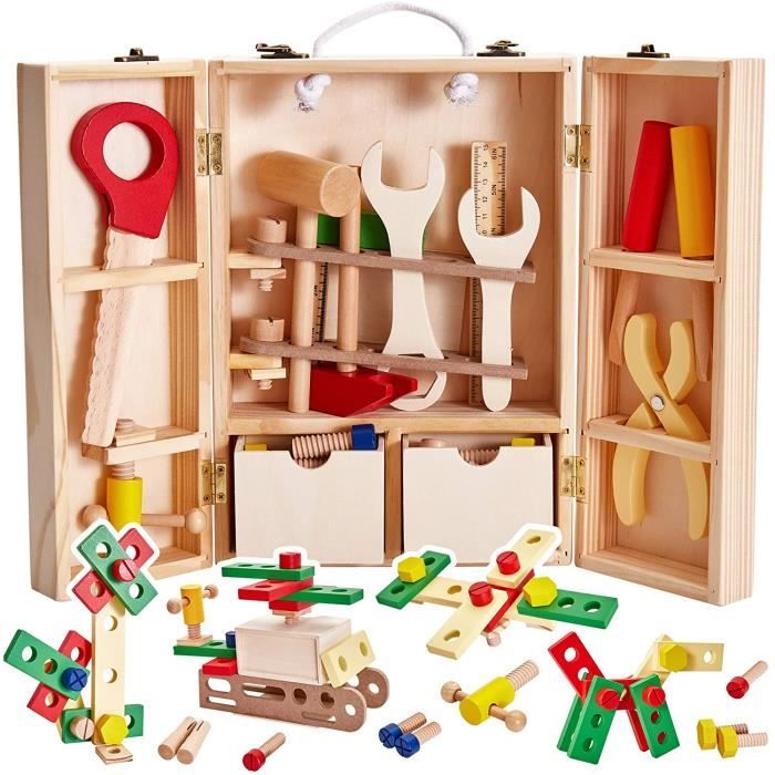 Jouet de bricolage - Caisse à Outils Bois - 35 pièces - 30x20x8 cm - Pour enfants de 3 à 8 ans