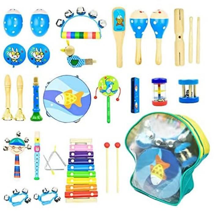 Instruments de Musique pour Enfants 25PCS Set en Bois Percussion pour Bébé avec Xylophone Tambourin Triangle et Autre Instrument