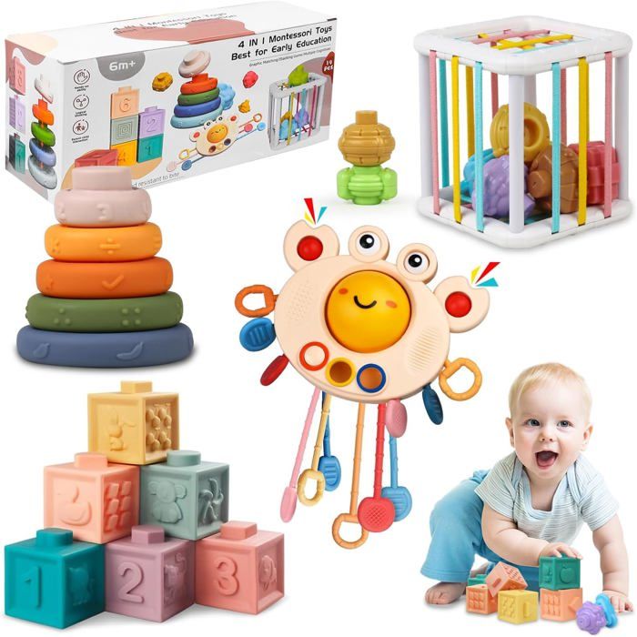 Jouet de Dentition -Jouet Montessori 4 en 1 - Convient aux bébés âgés de 6 à 36 mois  Cadeau déveil pour bébé