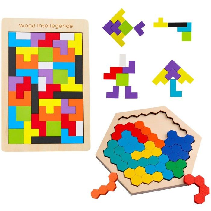 Jouet éducatif - Tetris Tangram - Puzzles en bois - 8 couleurs - Améliore la motricité - À partir de 3 ans