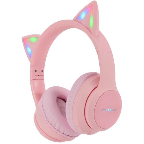 imoshion Casque sans fil pour enfants LED Light Cat Ear - Limiteur de décibels - Avec câble AUX - Rose
