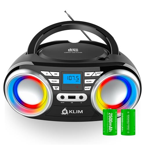 KLIM Boombox B3 + Poste Radio Lecteur CD Portable + Radio FM, CD, Bluetooth, USB, Bluetooth, MP3 + Mode filaire et sans fil avec Piles Rechargeables + Lentille Laser Améliorée