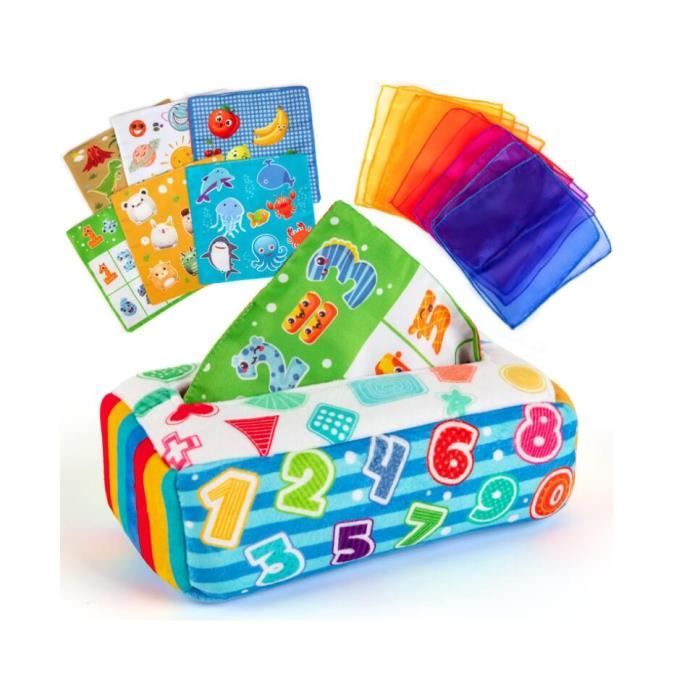 Jouet Bébé 6 7 8 9 10 Mois Boîte à Mouchoirs Jouets Sensoriel en Tissu avec Couleurs Textures Lettres Jeux Bébés de 6 à 12 Mois