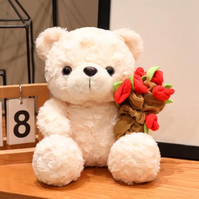 Peluche Ours Blanc avec Bouquet de Fleurs 25 cm – Doudou Doux et Romantique pour Enfants et Adultes