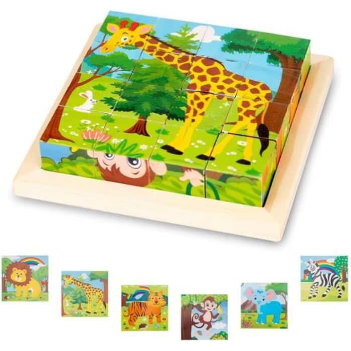 Puzzles en Bois Enfant 6 en 1 3D Puzzle Cube Animaux en Bois Enfant Jouet pour 1 2 3 Ans Jeux Éducatif Préscolaire pour Garçon