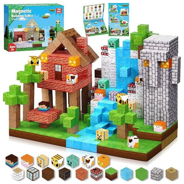 Magnetic building cubes 150 pièces  Jeu de construction de blocs magnétiques type minecraft pour enfants (foret ) AZZIRIA