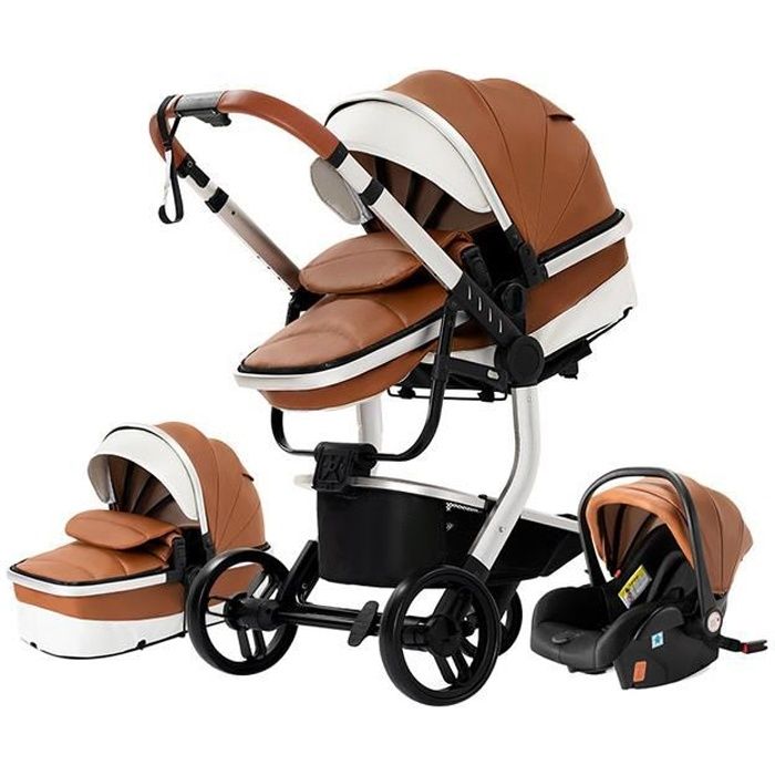 Poussette Bebe Trio Combinée Landreau Reversible Grand Luxe en Cuir PU Hyper Confort Cadre Haut Alu Robuste et Leger Design Marron