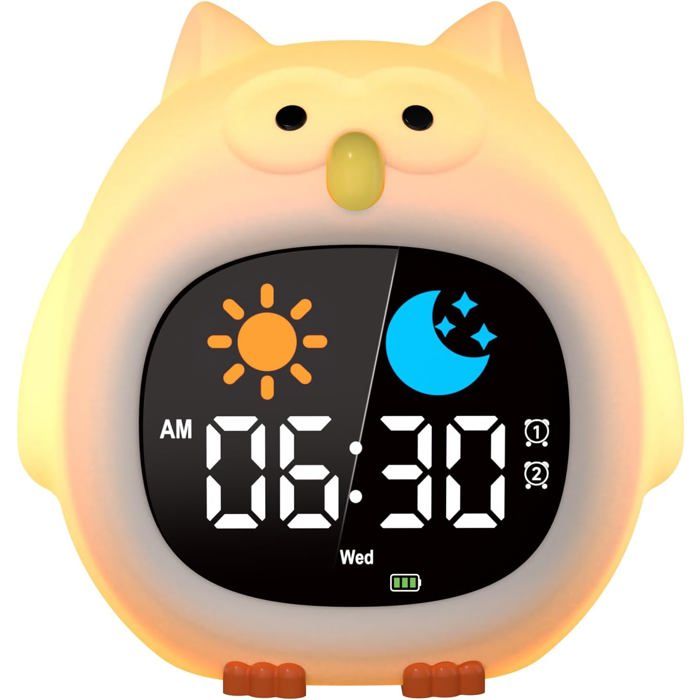 Réveil pour Enfant Educatif Jour/Nuit 2 Alarme/12/24 Heure/Snooze Luminosité de lEcran Réglable Lumineux 7 Couleurs