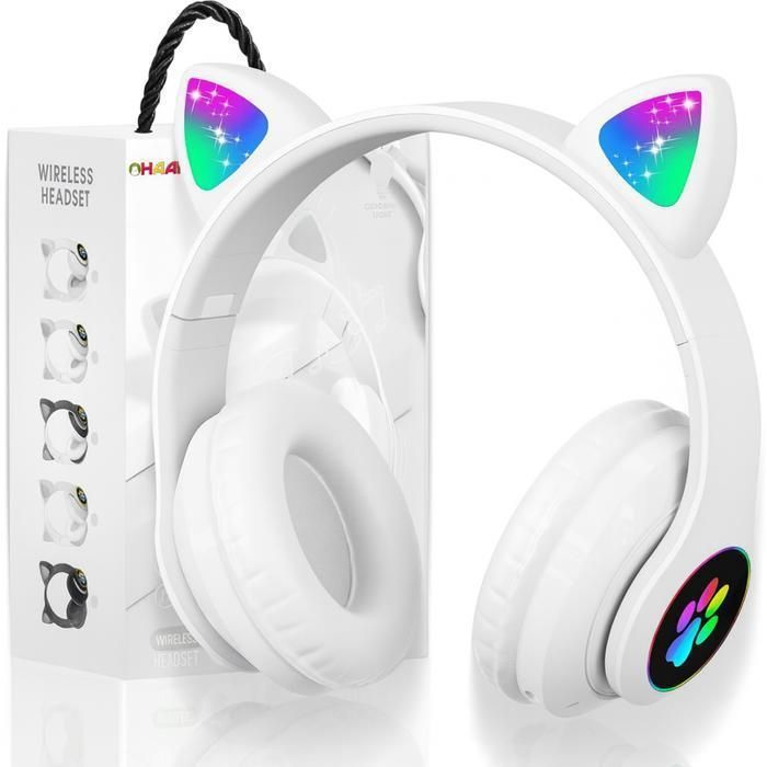 TECHTA – Casque Bluetooth Enfant Sans Fil Pliable avec Oreilles de Chat LED Microphone Intégré Mode Filaire – Blanc