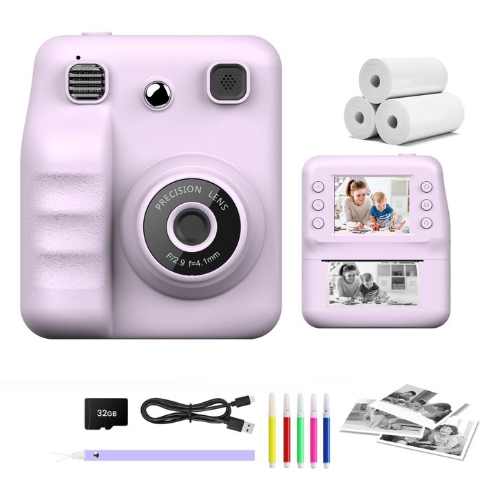 Appareil Photo Instantané 2.4 Écran Caméra Enfant avec Papier dimpression et Carte 32GB Cadeau Jouet pour Enfant Violet
