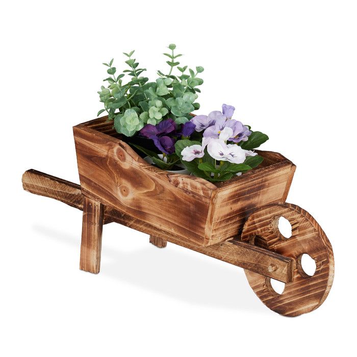 Relaxdays Brouette pour plantes bois brûlé jardin décoration design vintage HxlxP 19 x 47 x 15cmnature