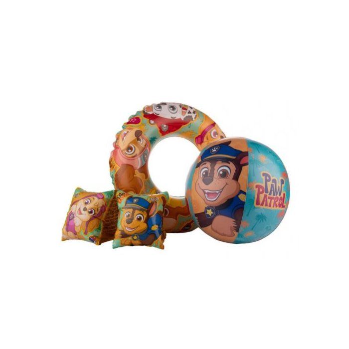 Kit de natation Pat Patrouille Enfant : Bouee Brassards Ballon de Plage - Gonflable - Jeu deau piscine - Set Jouet + Carte