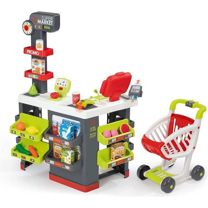 Marchande pour Enfant - SMOBY - 350213 A25 - Chariot de Course Inclus - Vraie Calculatrice - 42 Accessoires