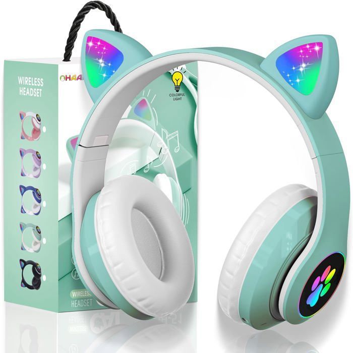 TECHTA Casque Bluetooth pour Enfants sans FilCasque Cat Pliable avec LED Flash Lumières Glow Enfants Bluetooth avec Micro - Vert