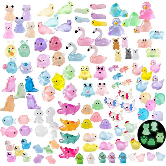 Lot de 130 mini figurines lumineuses en résine pour petits animaux miniatures phosphorescentes à cacher pour micro-paysages a