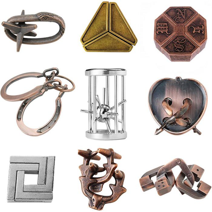 Coffret de 9 casse-têtes en métal jeu de réflexion et test de QI  comme cadeau danniversaire ou  remplir une chaussette de Noël.