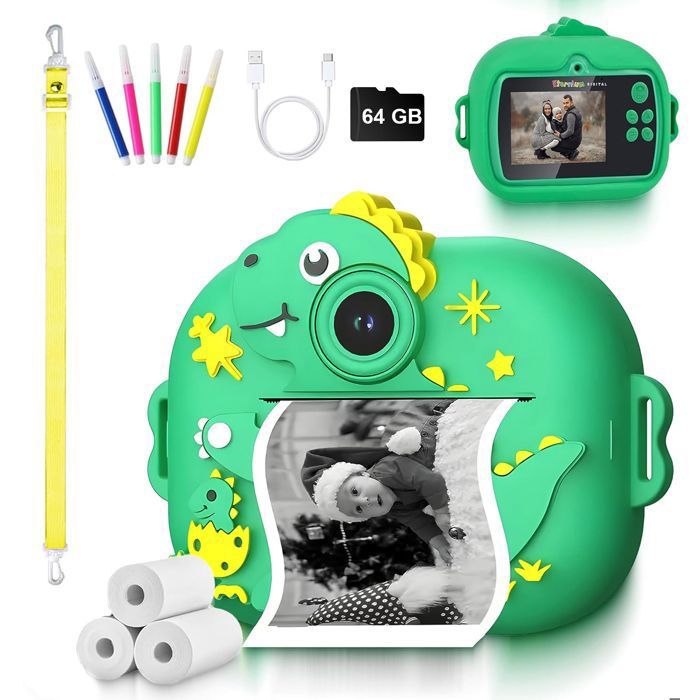 Appareil Photo Jouet Instantané Enfants 2.4 Écran Appareil Photo Enfant Papier dImpression et Carte 64GB Stylos Colorés Vert