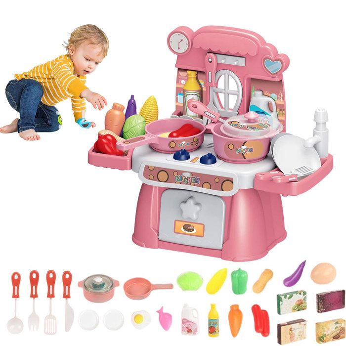 Cuisine pour Enfants avec Cuisinière à Vapeur Sons Lumières 24 Accessoires pour lâge 3 Ans Plus Jeu de Rôle Rose