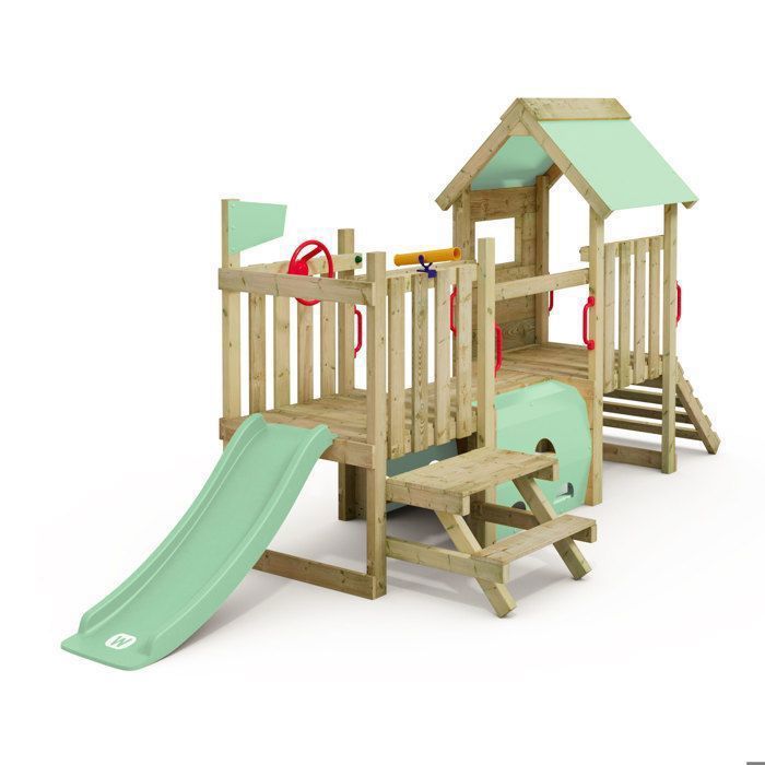 Tour de jeux WICKEY My First Playground 1 pour tout-petits avec toboggan vert pastel et table de pique-nique – 10 ans de garantie*