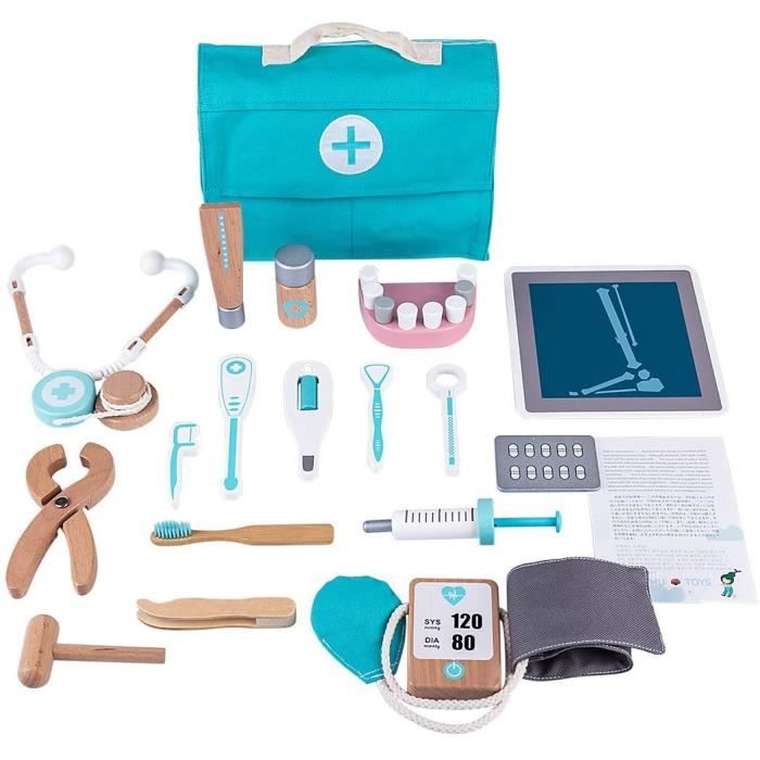 Jouet de docteur pour enfants - Coffre à jouets de dentiste en bois - 18 pièces - Mixte - Enfant - Bleu