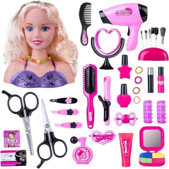 Têtes à Coiffer et Maquiller Enfant 35 Pièces Accessoires Cheveux & Maquillage Sèche-Cheveux Jeux dimitation Cadeau pour Fille