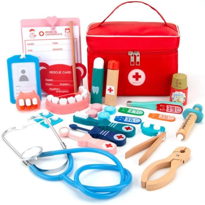 Jeu de rôle - Malette Docteur Enfant en Bois - 23 pièces - Stéthoscope Thermomètre Dentiste Seringue