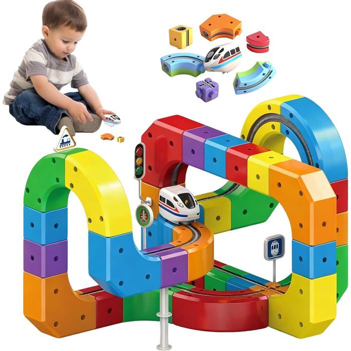 Train électrique - BLEOSAN - Train Électrique Avec Circuit - 51 pièces - USB rechargeable - Pistes modulables