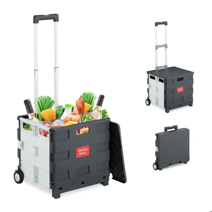 Relaxdays Chariot de courses pliable avec couvercle caisse sur roulettes poignée jusquà 35 kg blanc/gris