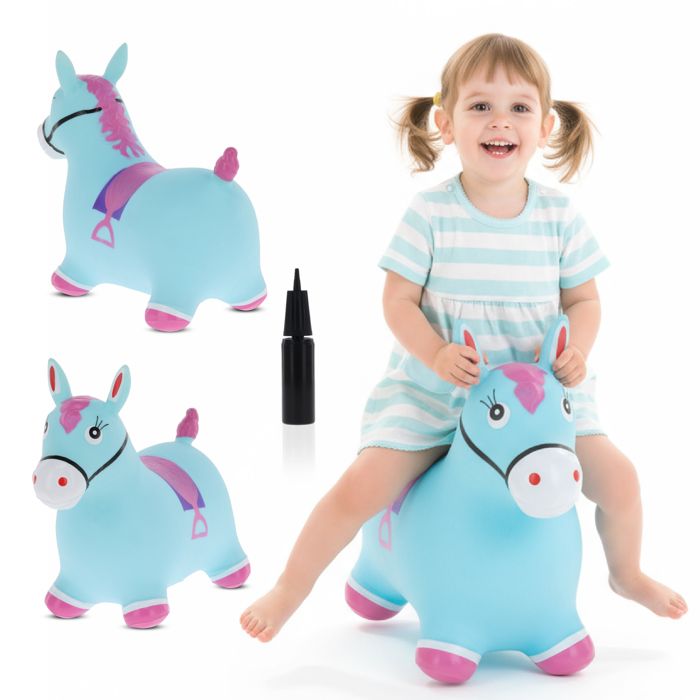 Animal sauteur gonflable - Jouet à sauter - Cheval bleu et rose - de 12 mois - caoutchouc de haute qualité - pompe incluse