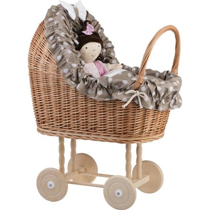 Poussette Landau en osier beige pour poupée jusquà 35 cm avec roues en bois