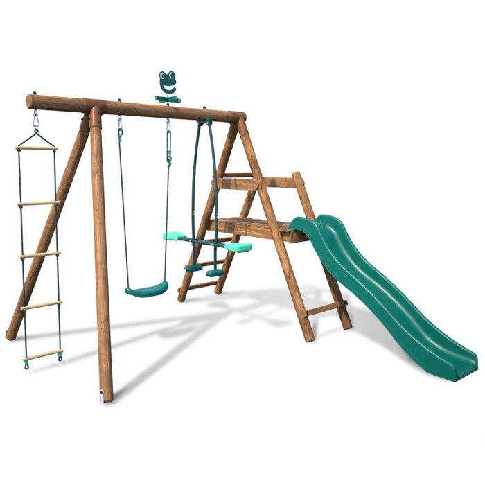 Portique en bois rond 3 agrès avec face à face échelle et toboggan bas MÛRIER