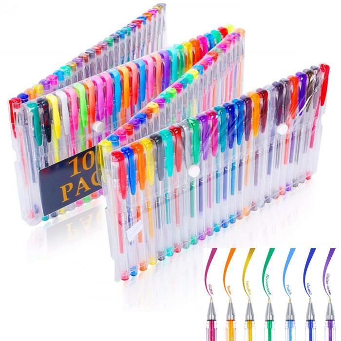100 Stylos à Gel Multicolores avec Paillettes Pastel Métallique et Néon à pointe fine de 05-1 mm