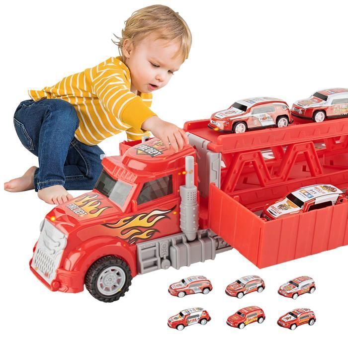 Camion Transporteur Jouet de Camion pour Enfant Double Decker Track Pliable  6 Voitures Voiture Jouet Cadeau pour 3 4 5 6 Ans