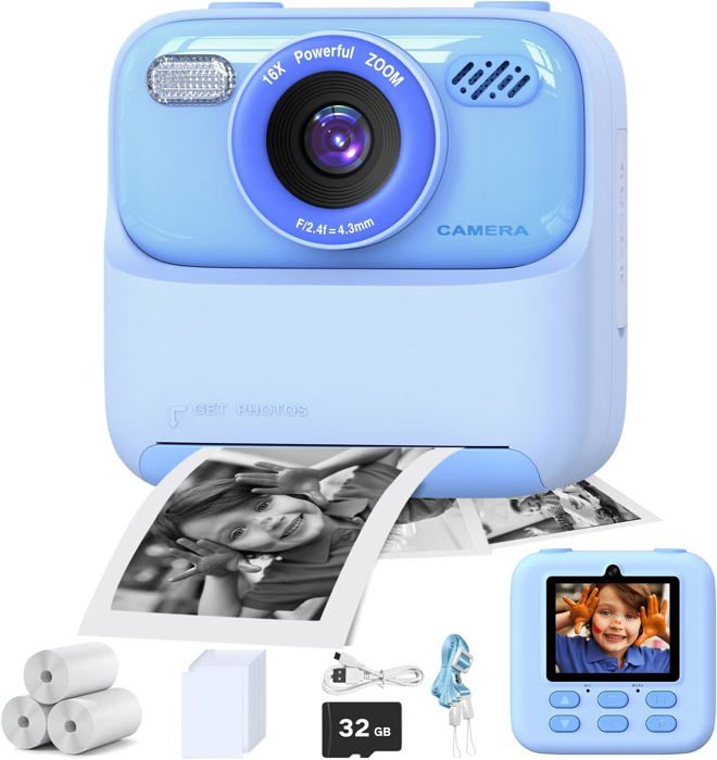 Appareil Photo Instantané Enfant Cadeau Filles/Garçons Appareil Photo Numérique Jouet Enfant Cadeaux Enfant de 3 à 12 Ansbleu