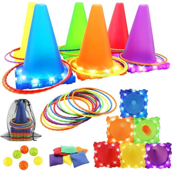 Jeux Exterieur Enfant Parcours de Motricité - 3 en 1 Jeu de Balle Anneau et Sac de Haricots Lumineux Jouets de Jardin