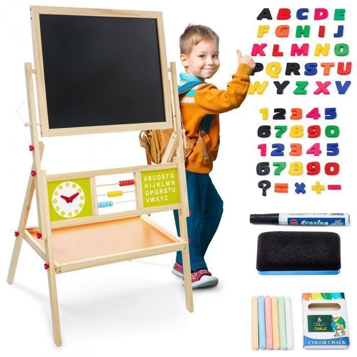 Tableau Enfant en Bois 98x45x42cm - 2 Faces - Blanc Magnétique et Noir à craie - Chevalet Enfant avec Montre Alphabet &