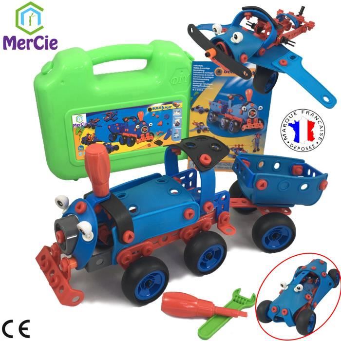 Jeu de construction 6 en 1 130 pcs pour construire train voiture avion hélicoptère engin. Outils + livret détaillé. De 5 à 9 ans