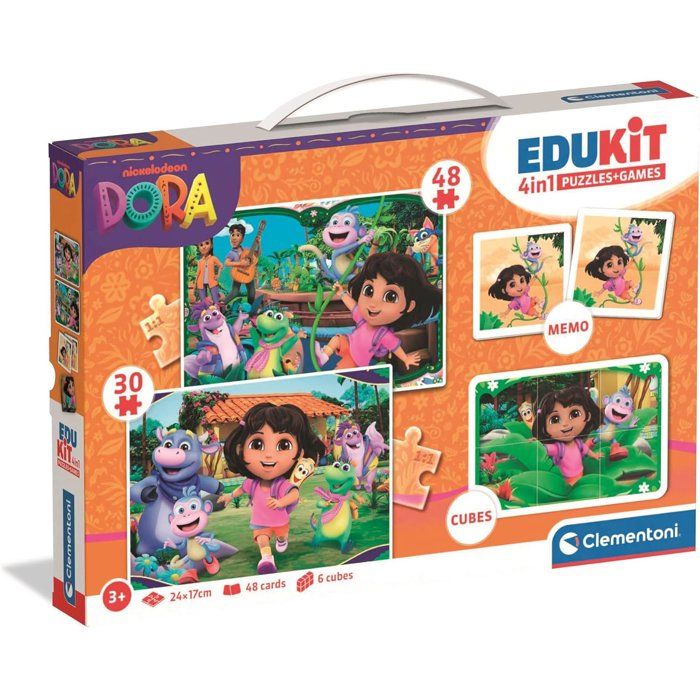 CLEMENTONI - Edukit 4 en 1 - Dora - Puzzle Mémo Cubes - Apprentissage Préscolaire Ludique - Idée Cadeau pour Enfants