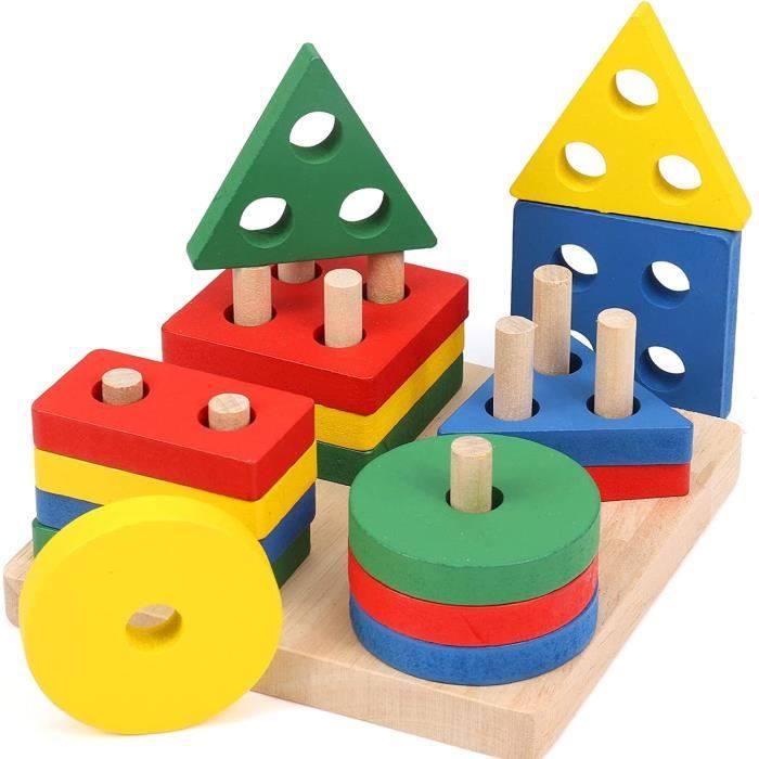 Puzzle Bois Enfant 1 2 3 4 Ans Jouets en Bois Géométriques Forme À Trier Empiler Jeu de Tri Couleurs Jouet Montessori A46