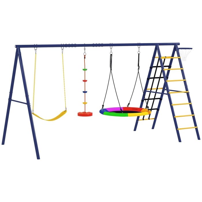Portique balancoire exterieur - AIYAPLAY - 6 en 1 - 3 balançoires panier de basket échelle descalade et filet - multicolore