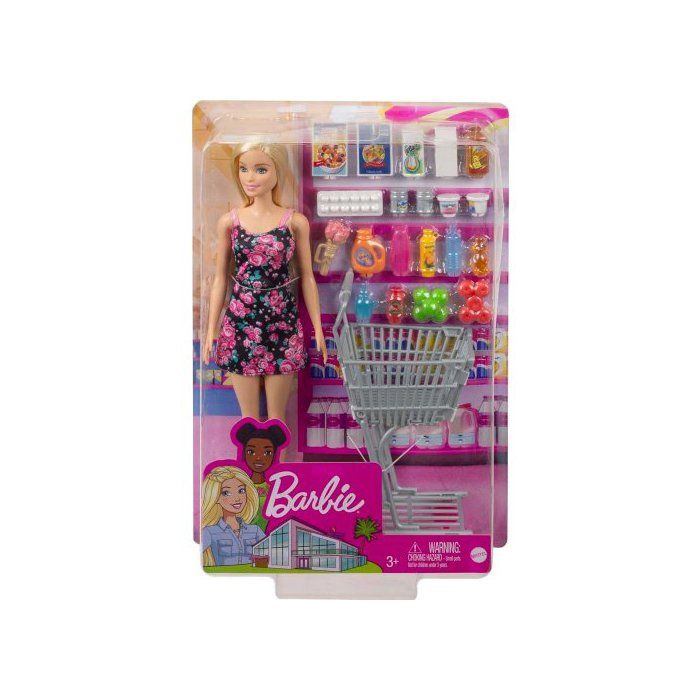 Coffret Barbie Supermarché + Poupée + 21 Accessoires - Poupée Mannequin Shopping - Set 22 Pieces + Carte Animal