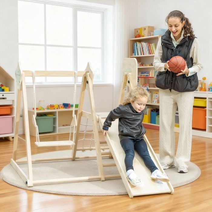 Structure descalade dintérieur 5 en 1 avec toboggan balançoire filet descalade et panier de basket pliable 3-6 ans naturel