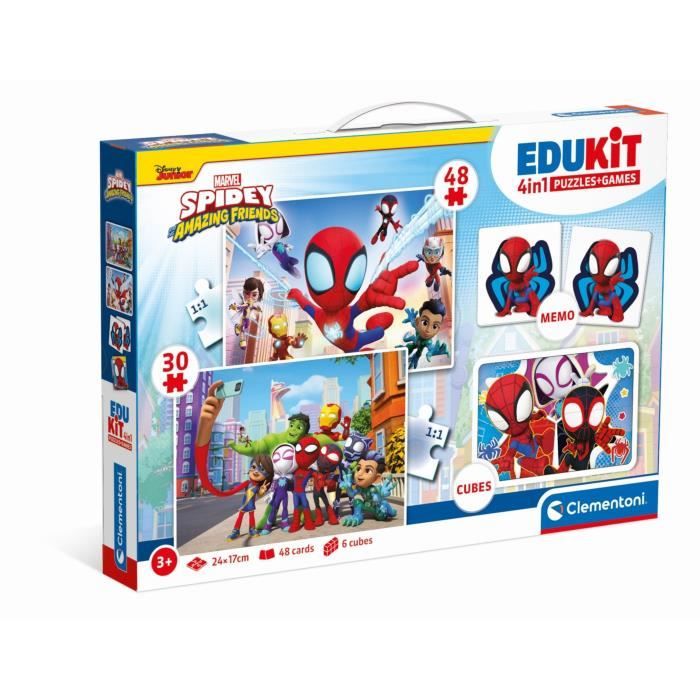Clementoni - Edukit - Spidey -Coffret apprentissage 4 en 1 - 2 puzzles 1 mémo 1 jeu de 6 cubes - Fabriqué en Italie - Dés 4ans