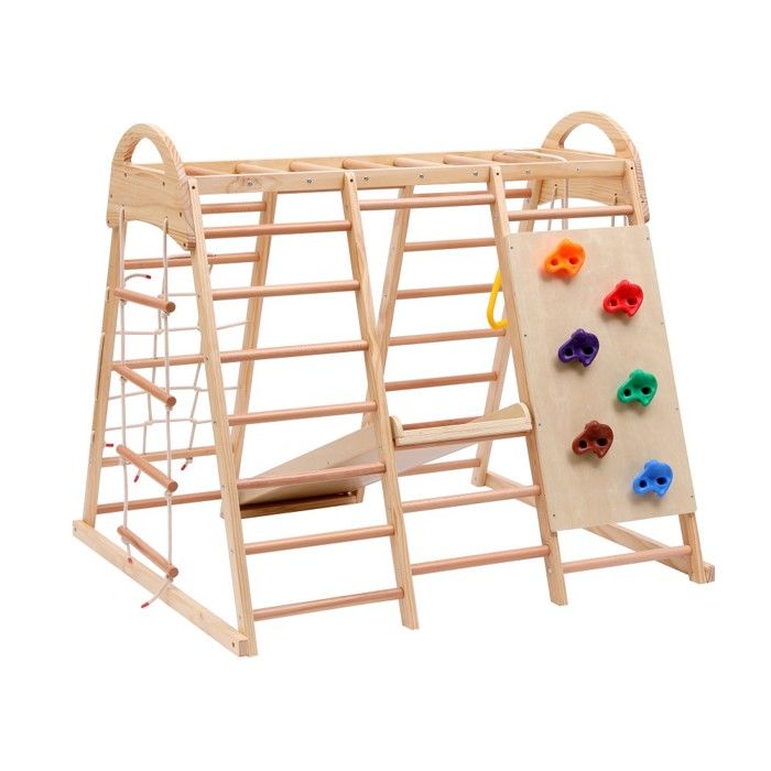 station de jeux Portique 7 en 1 bois massif  balançoire toboggan échelle filet anneaux pierre descalade + tente 134x120x120cm