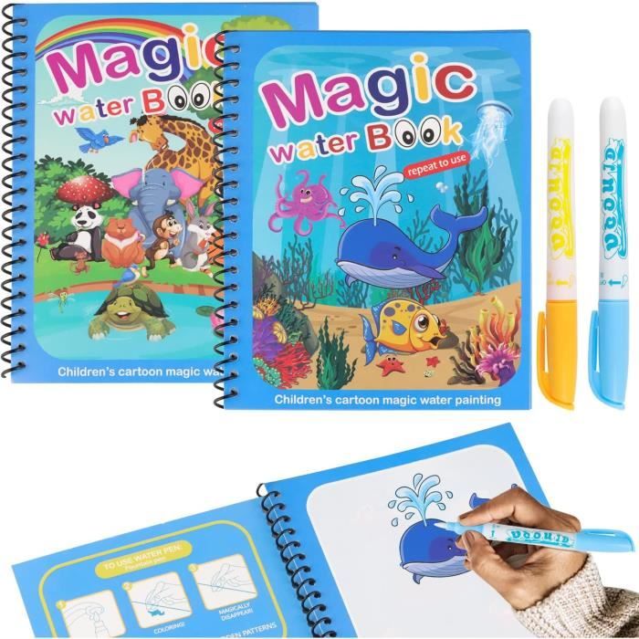 Livre de coloriage à leau - Magique - Multicolore - 2 livres et 2 stylos - Non toxique - Réutilisable