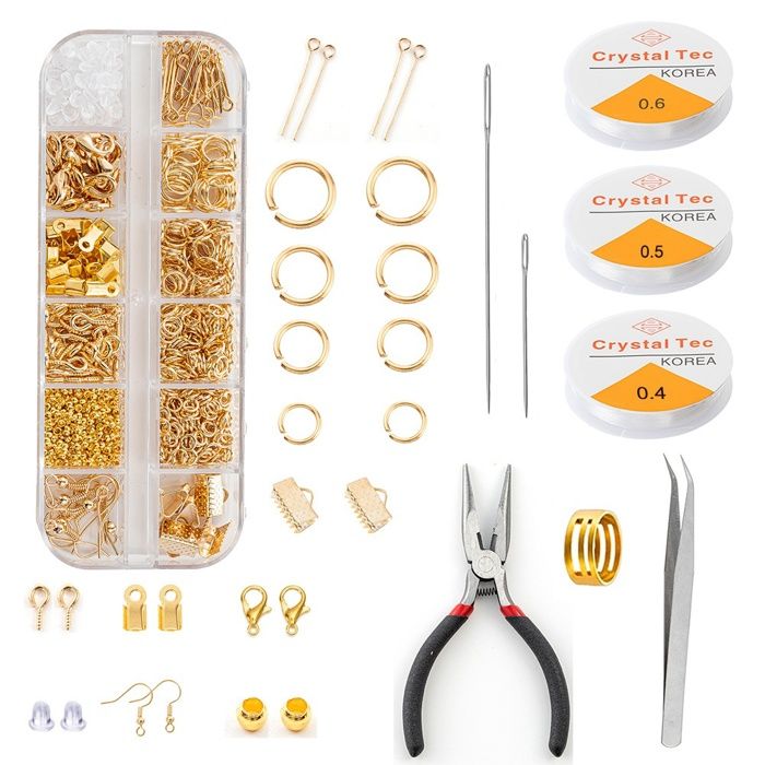 Kit pro création/réparation bijoux-50 accessoires (pinces fils perles)-Pour colliers/boucles doreilles-Débutants & experts-Doré