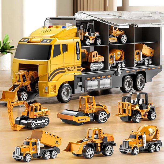 Jouet de Camion EnfantVéhicules de Chantier Tracteur Bétonnière Bulldozer Truck Excavatrice Transporteur Construction Cadeau Noël