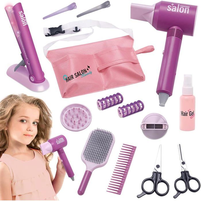 Kit de coiffure - 14 pièces - Sèche-cheveux réaliste - Lisseur lumineux - Cadeau pour fille 3 ans