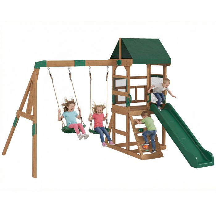 Aire de Jeux portique en Bois - AIYAPLAY - 2 balançoires et Toboggan Mur dEscalade Terrasse Couverte - pour Enfants de 3 à 8 Ans